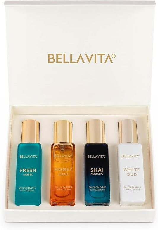 BellaVita Luxury Unisex Cologne Gift Set (4x20ml) | Fragrances Includes Honey OUD, SKAI, FRESH & White OUD | Travel Size Mini Perfumes & Spicy Vanilla Perfume Oil | Unisex Perfume for Women & Men-BrightBean Baby