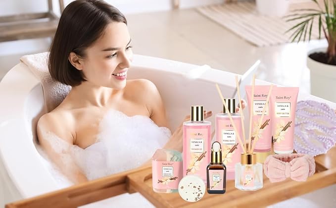 Bath and Body Gift Baskets for Women, 12 Pcs Vanilla Oat Spa Gifts for Women. Bath Gift Set Enriched Shea Butter. Home Spa with Shower Gel, Body Oil, Saint Roy Gifts for Mom-BrightBean Baby