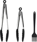 Kitchen Tongs, 2pcs Barbecue Tongs 10 inch & 12 inch with Silicone Tips, 1pc Brush Stainless Steel Cooking Tongs with Heat Resistant Handle for BBQ Serving, Grilling, Buffet, Dishwasher Safe (Black)