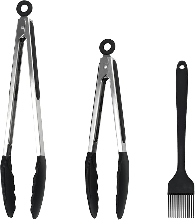 Kitchen Tongs, 2pcs Barbecue Tongs 10 inch & 12 inch with Silicone Tips, 1pc Brush Stainless Steel Cooking Tongs with Heat Resistant Handle for BBQ Serving, Grilling, Buffet, Dishwasher Safe (Black)