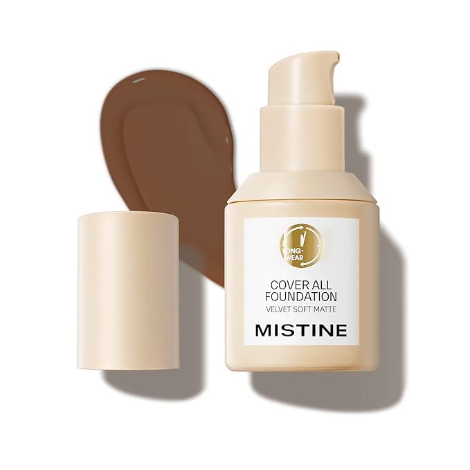 MISTINE Full Coverage Foundation Makeup for Oily Skin,24 Hour Oil Control Liquid Foundation,Skin-Caring,Moisturizing Formula,Cream Foundation,Matte Finish,Mocha,1 Fl Oz-BrightBean Baby