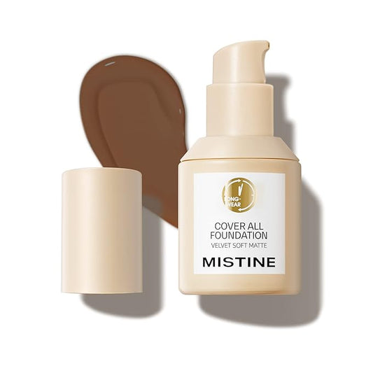 MISTINE Full Coverage Foundation Makeup for Oily Skin,24 Hour Oil Control Liquid Foundation,Skin-Caring,Moisturizing Formula,Cream Foundation,Matte Finish,Mocha,1 Fl Oz-BrightBean Baby