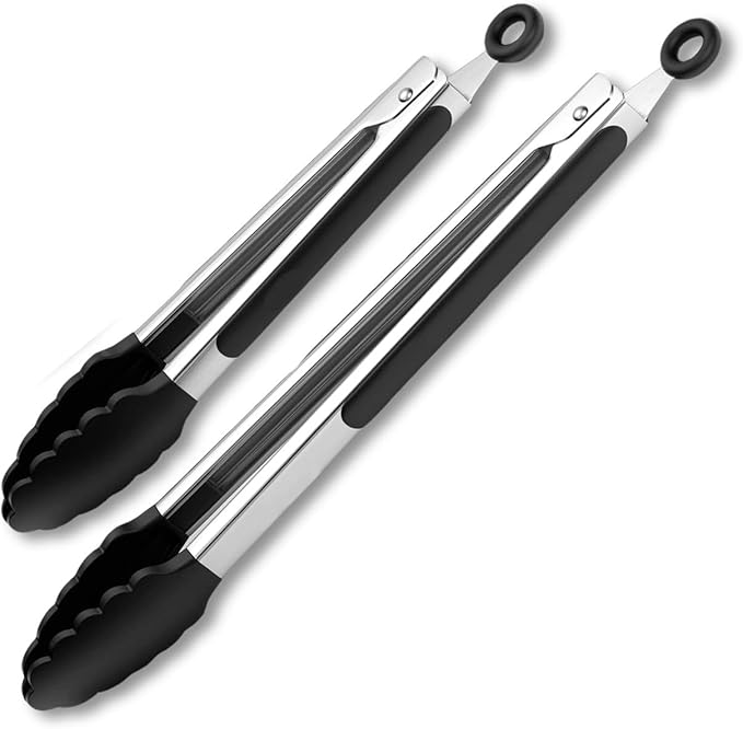 Black Stainless Steel Tongs Heat Resistant Kitchen Tongs Set - 9" & 12" Inch, BBQ Tongs with Silicone Tip, Strong Grip for Cooking, Salad Tossing, Air Fryer, & Grill Tongs- Pull Lock, Black - Set of 2