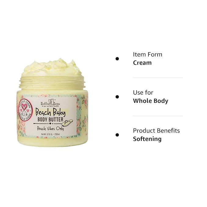 Bella and Bear Beach Baby Body Butter - Moisturizing Shea Cream for Women - Vegan, Cruelty& Oil-Free - Helps Prevents Pregnancy Stretch Marks 6.76-oz-BrightBean Baby