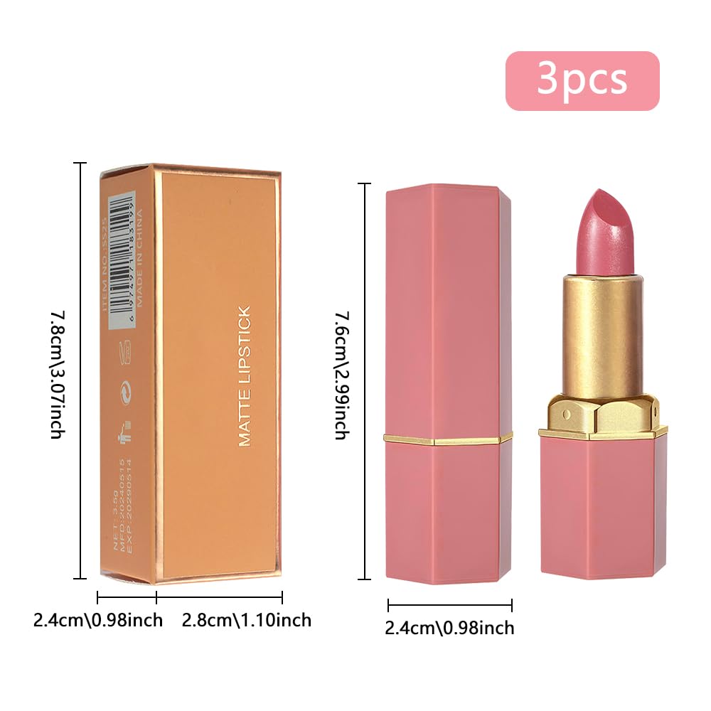 3Pcs Nude Pink Metallic Lipstick Lip Gloss for Women Set,Lightweight Shimmer Frosted Long Lasting Lipstick,Glitter Lip Stain Waterproof Smudge Proof 24 Hour Full Coverage Lip Makeup,Vegan（07,08,09)-BrightBean Baby