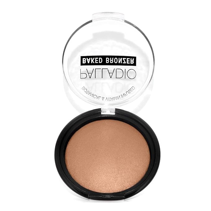 Palladio Baked Bronzer, Highly Pigmented and Easy to Blend, Shimmery Bronzed Glow, Use Dry or Wet, Lasts all day long, Provides Rich Tanning Color Finish, Powder Compact, Caribbean Tan-BrightBean Baby
