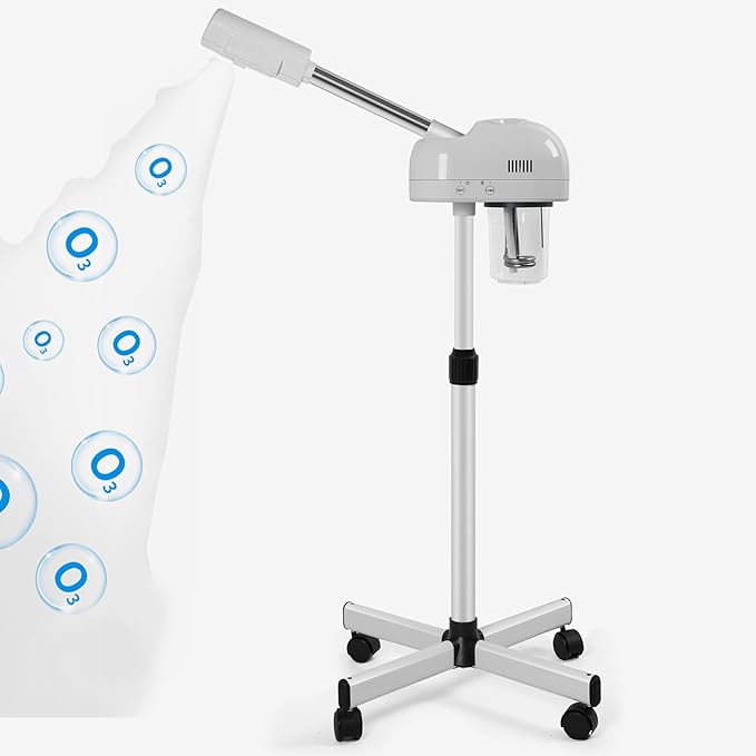 Stand Professional Ozone Facial Steamer with Touch Control, Adjustable Height & Rolling Base, 360° Rotatable Nozzle, Hot Mist Function, Use for Home, Salon SPA (White)-BrightBean Baby
