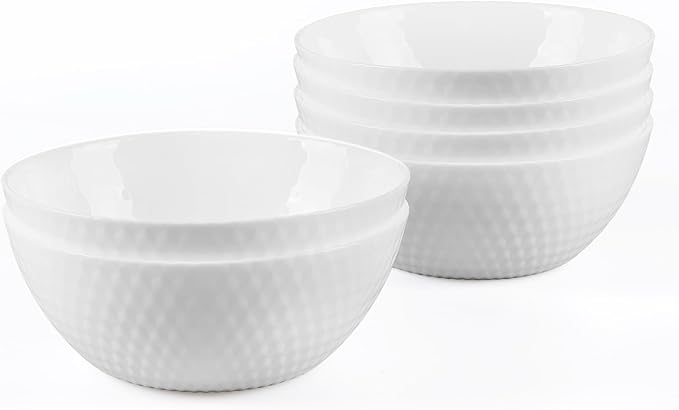 27 OZ Max Cereal Soup Bowl Set of 6, Opal Glass 7.2 inch White Geometric Faceted Bowls for Ramen, Noodle, Salad, Fruit, Dishwasher and Microwave Safe
