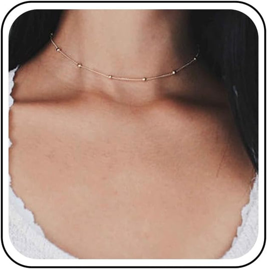 Boho Thin Beaded Choker Necklace Gold Station Ball Necklace Short Satellite Chain Necklace Everyday Minimalist Necklace Jewelry for Women and Girls-BrightBean Baby