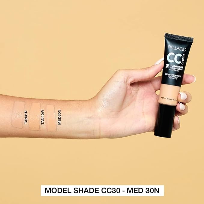 Palladio Full-Coverage Color Correction CC Cream, Oil-Free with Peptides & Vitamin C, Best for Correcting Redness and Uneven Skin Tone, Buildable Foundation Coverage (Tan 41N)-BrightBean Baby