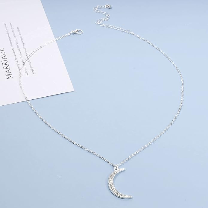 Boho Rhinestone Moon Necklace CZ Crescent Pendant Necklace Chain Minimalist Necklace Festival Jewelry for Women and Teen Girls-BrightBean Baby
