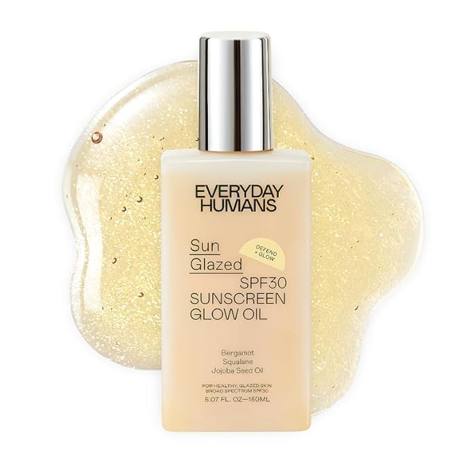 Everyday Humans Sun Glazed SPF30 Sheer Body Glow Oil with Gold Mica | Hydrating Non-Sticky Glowing UV Protection Cruelty Free 5.1 Fl Oz | Bergamot, Squalane, Jojoba Seed Oil | UVA/UVB Broad Spectrum-BrightBean Baby