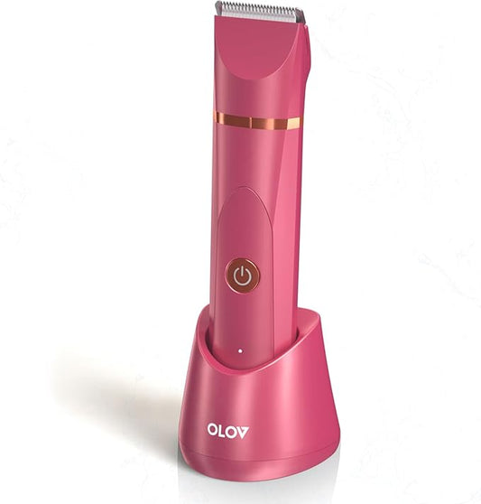OLOV Electric Body Hair Trimmer - Groin Trimmer for Men - Bikini Trimmer Women - Wet/Dry Shaver Groomer, Replaceable Ceramic Blade Heads, USB Recharge Dock, Waterproof Hygiene Razor, Red