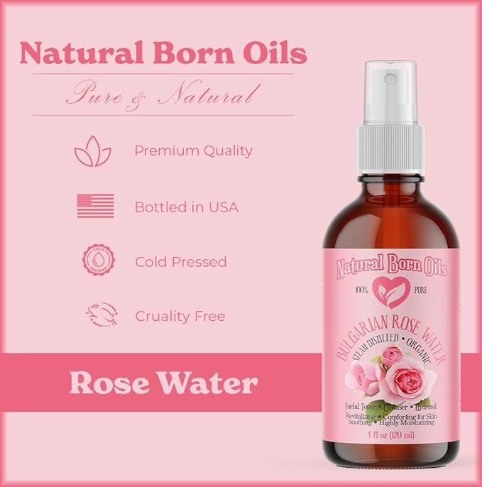 Natural Born Oils 8oz Rose Water Hydrosol, 100% Pure and Natural, Organic, Steam-distilled, Facial Toner Cleanser, with Sprayer, 8-Rose-Water-BrightBean Baby