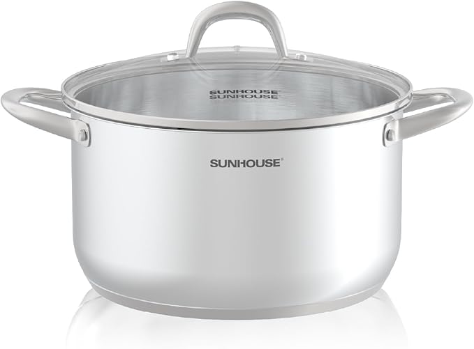SUNHOUSE 8 Quart Stock Pot with Lid - Tri-Ply Stainless Steel Large Capacity Pot
