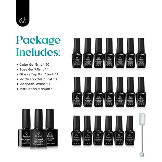 Beetles Cat Eye Gel Polish Set - 24Pcs 20 Colors Glitter Dark Color Changing Gel Nail Polish Kit with Base Gel Glossy Matte Top Coat Soak off UV DIY Nail Art Salon Ombre Black Nails Gift-BrightBean Baby