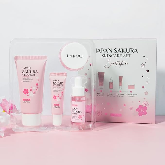 Skin Care Set JAPAN SAKURA Beauty Gift Sets Skin Care Kit with Cleanser, Serum, Eye Cream, Face Cream Travel Kit for Women Mom Wife Teen Girls Gentle Skin Cleaning TSA-friendly Sizes 4pcs-BrightBean Baby