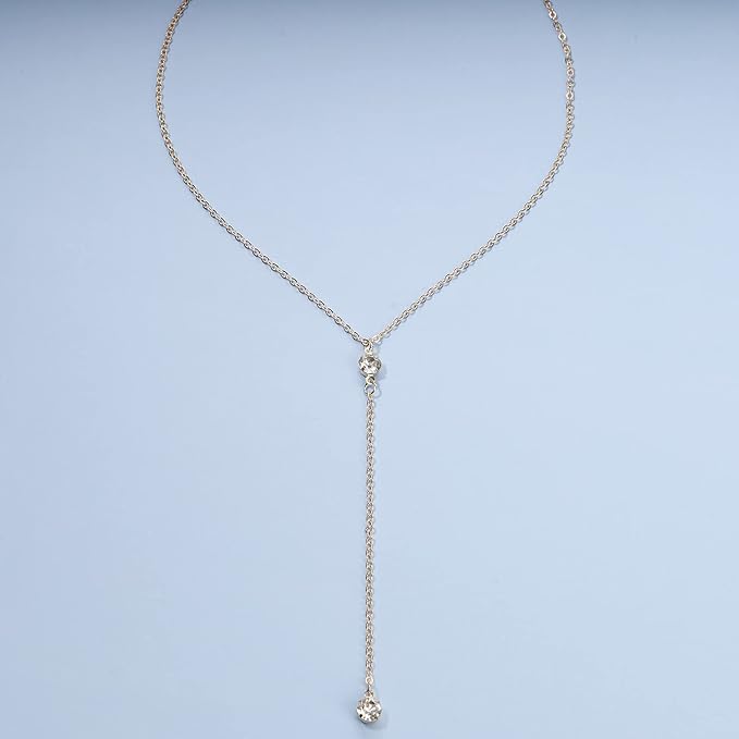 Boho Crystal Y Drop Necklace Choker Gold Long Y Necklace Chain Minimalist Cz Lariat Necklace Classic Simple Y Lariat Necklace Jewelry for Women and Girls Gifts-BrightBean Baby