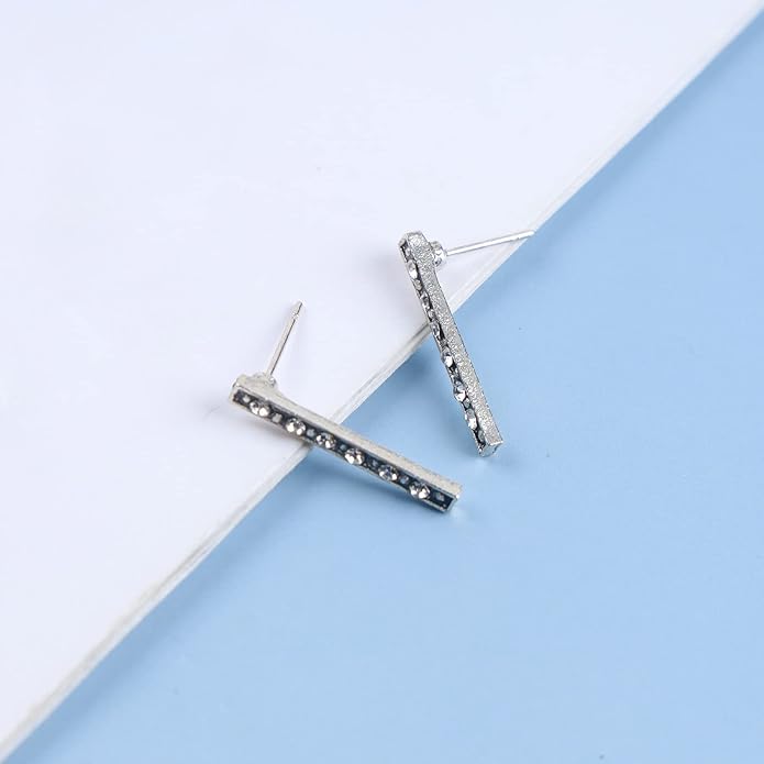 Geometric Crystal Bar Earrings Silver Cz Bar Stick Earrings Cz Rhinestone Bar Stud Earrings Silver Minimalist Earrings Jewelry for Women and Girls-BrightBean Baby