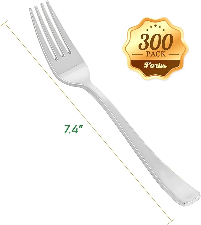 FOCUSLINE 300 Pack Disposable Silver Plastic Forks, Solid and Durable Plastic Cutlery Forks, Heavy Duty Disposable Utensil Silverware for Catering, Parties, Dinners, Weddings