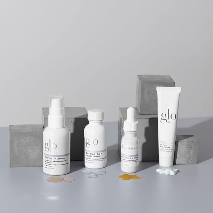Glo Skin Beauty Clarify + Balance Skincare Set for Breakout Prone Skin - Mini Purifying Gel Cleanser, Mini Oil Free Moisturizer, Mini Beta-Clarity BHA Drops, Mini Beta-Clarity Pro 5 Liquid Exfoliant-BrightBean Baby