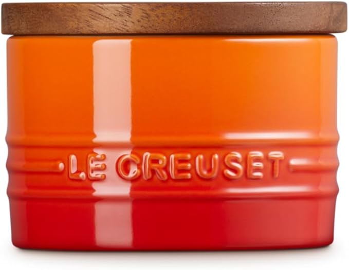 Le Creuset Signature Salt Cellar and Storage Canister with Wood Lid, 7 oz., Flame