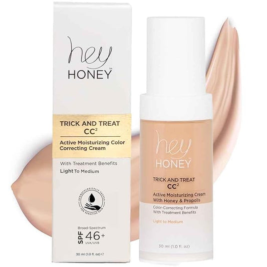 Hey Honey Trick and Treat CC Cream SPF 46 | Active Moisturizing Color Correcting Cream with Honey & Propolis | Best Cover For Rosacea, Skin Redness & Mature Skin | Cruelty-Free | 1 oz (Light-Medium)-BrightBean Baby