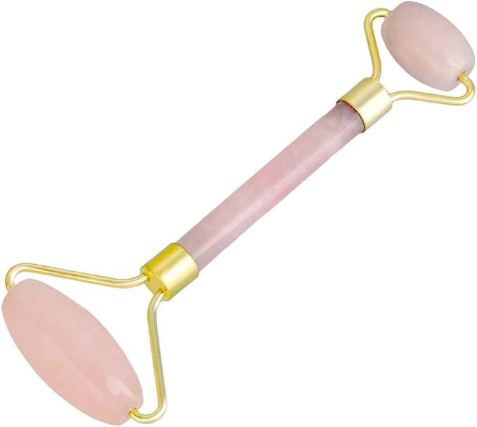 Rockcloud Natural Crystal Stone Roller Massager Double Neck Face & Neck Massage Therapy Anti-Aging Wrinkle Healing Slimming Skincare Tool,Rose Quartz-BrightBean Baby