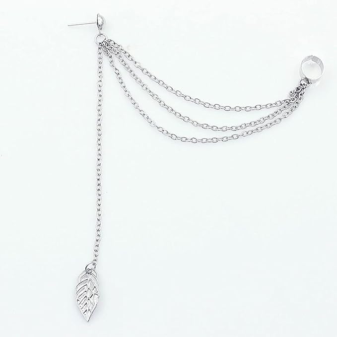 Boho Leaf Cuff Chain Earrings Silver Dangle Chain Earrings Cartilage Helix Earrings Cuff Helix to Lobe Chain Earrings Jewelry for Women and Girls-BrightBean Baby
