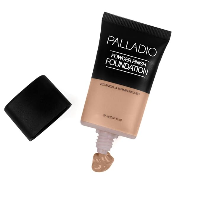 Palladio Powder Finish Liquid Foundation, Natural Matte Appearance, Reduces Fine Lines, Covers Large Pores, Hides Imperfections, All Day Wear, Sheer to Medium Coverage, In the Buff-BrightBean Baby