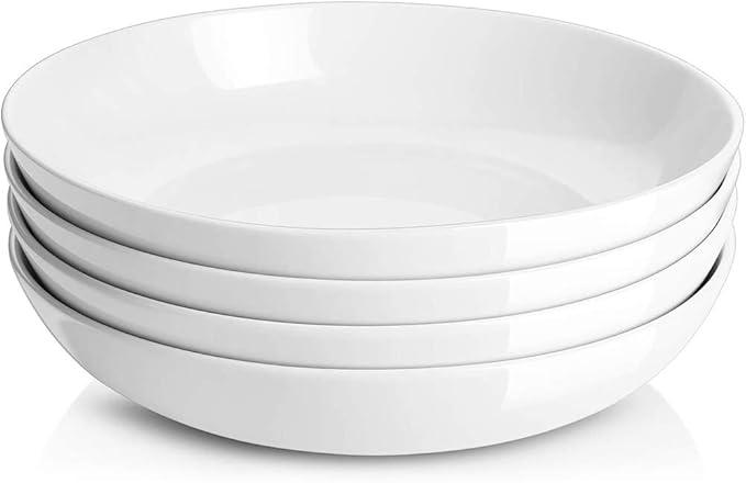 DOWAN 9.75" Pasta Bowls Set of 4, Large Shallow White Ceramic Salad Bowls, 50oz Wide Dinner Bowls for Pasta, Soup, Salad & Stew, Microwave & Dishwasher Safe, Housewarming Gift(Soft White)