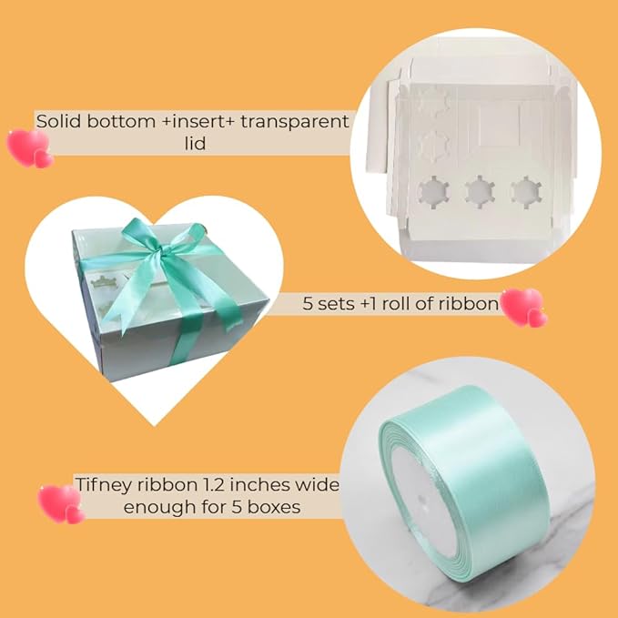 Bento Cake and Cupcake Box 2-in-1 4-inch Cake and 5 Cupcakes Box 5 Sets with One Wide Roll of Ribbon for Family Dinner Birthday Party Picnic Gift (TB02)
