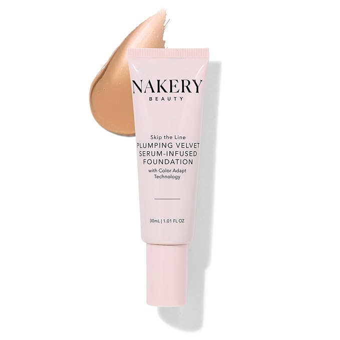 Nakery Full Coverage Foundation for Women - 5 in 1 Plumping Liquid Foundation Makeup - Serum Infused Makeup Foundation Smart Color Adapt with Niacinamide & Hyaluronic Acid for All Skin Types - Light-BrightBean Baby