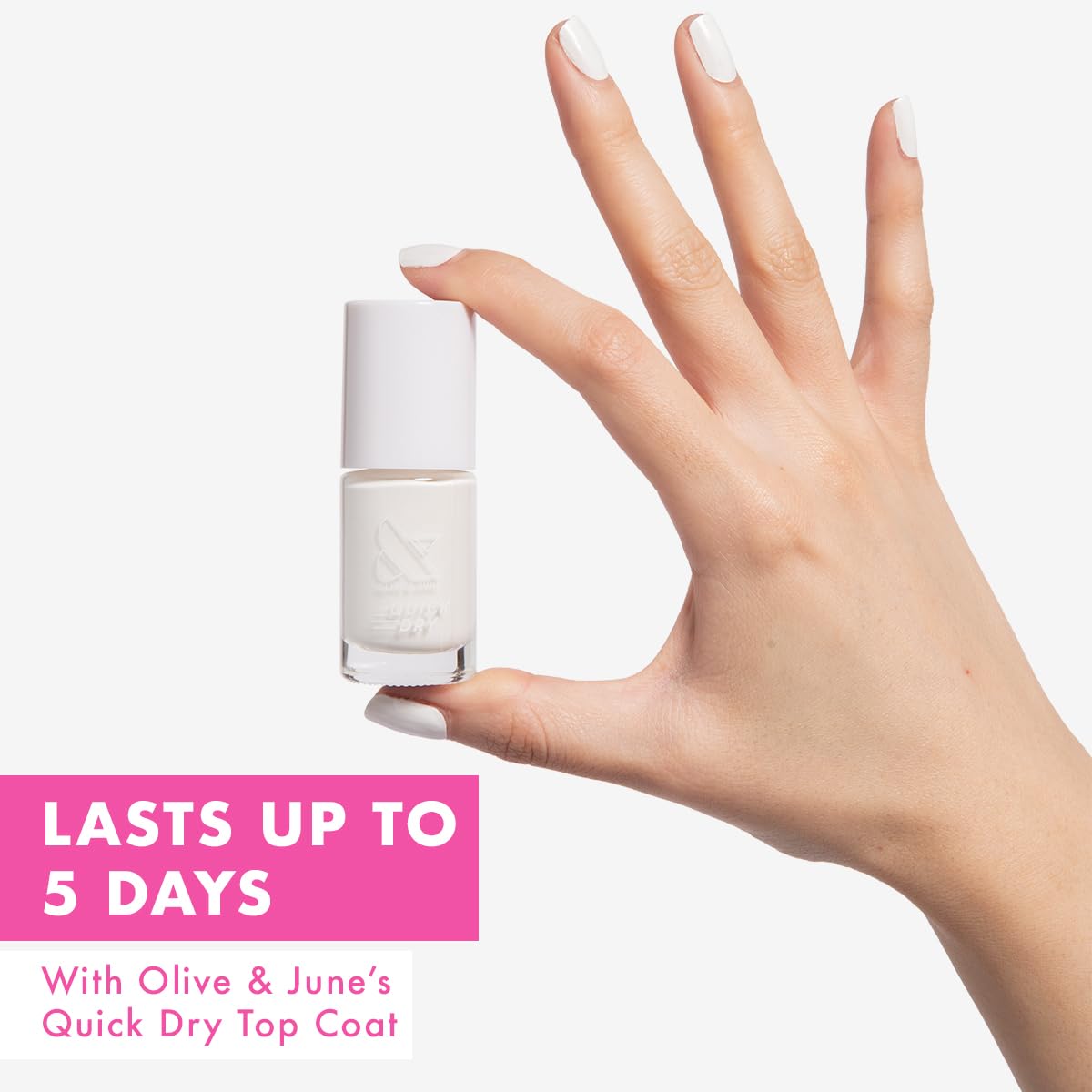 Olive & June Quick Dry Nail Polish | Instant, Fast-Drying, Smudgeproof Color | 15-free, Vegan, Cruelty-Free Formula | Lasts up to 5 Days | Salon-Quality Manicure, Pedicure at Home | Swan Opaque White-BrightBean Baby