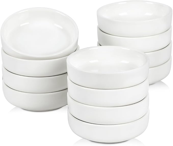 Selamica Soy Sauce Dish, 2.5 oz Ceramic Dipping Bowls Set of 12, 3.3 Inch Pinch Bowls for Side Dish, Condiment, Ketchup, Sushi, BBQ, White