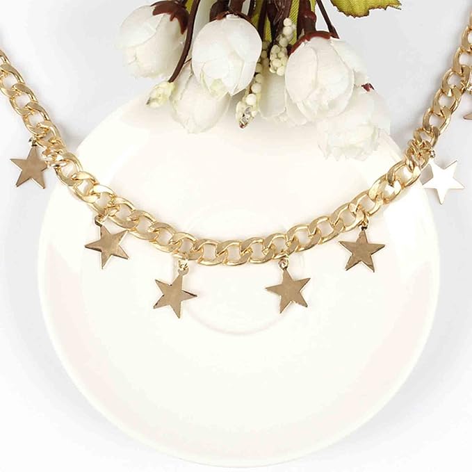 Boho Star Dangle Choker Necklace Gold Chunky Curb Chain Necklace Punk Thick Chain Choker Necklace Minimal Short Chain Necklace Jewelry for Women and Girls-BrightBean Baby