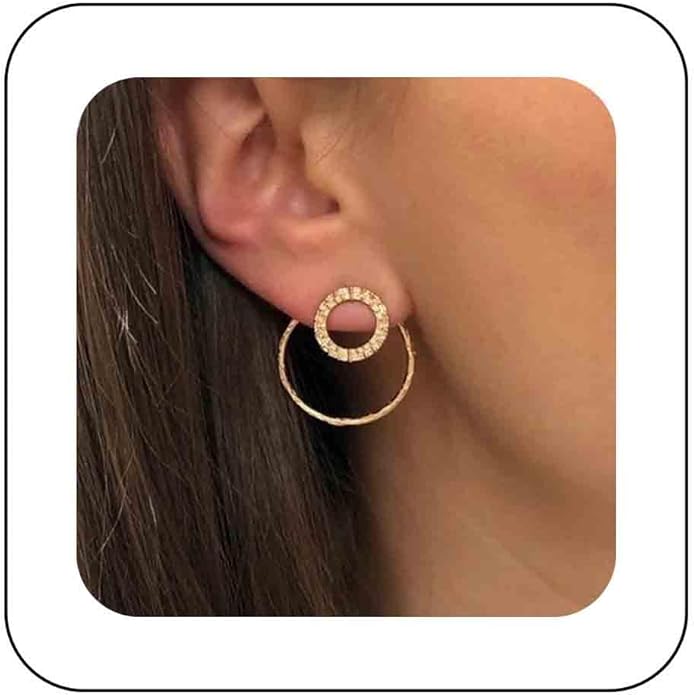 Vintage Crystal Circle Ear Jacket Earrings CZ Hollow Circle Hoop Earrings Gold Circle Earrings Minimalist Geometric Circle Stud Earrings Jewelry for Women-BrightBean Baby