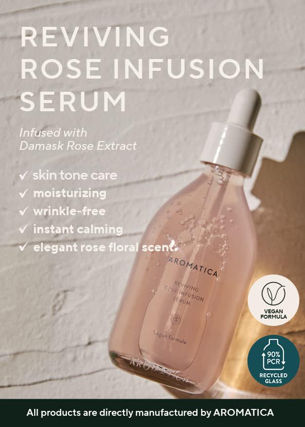 AROMATICA Reviving Rose Infusion Serum 3.38oz / 100ml, Vegan, Rejuvenating Hydration Serum, Vitality Serum for dry skin | with Damask Rose Water and Rose Oil-BrightBean Baby