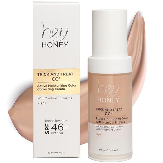 Hey Honey Trick and Treat CC² Cream SPF 46 | Active Moisturizing Color Correcting Cream with Honey & Propolis | Best Cover For Rosacea, Skin Redness & Mature Skin | Cruelty-Free | 1 oz (Light Tone)-BrightBean Baby