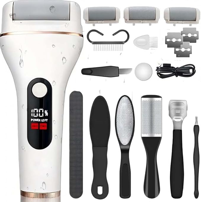 Electric Foot Callus Remover, Portable Electric Foot File with 15 in 1 Professional Pedicure Kits,Rechargeable Pedicure Tools for Foot Care, Waterproof Remover Cracked Feet & Dead Skin, Gift (White)-BrightBean Baby