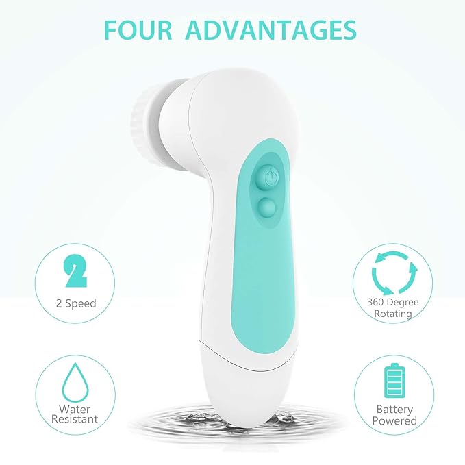 Waterproof Facial Cleansing Spin Brush Set with 5 Exfoliating Brush Heads - Electric Face Scrubber Cleanser Brush by CLSEVXY - Face Brush for Gentle Exfoliation and Deep Scrubbing-BrightBean Baby