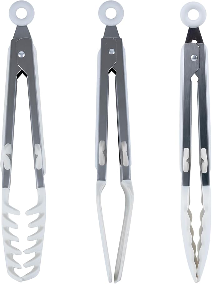 Kitchen Tongs,Set Of 3 Tongs with Silicone Tip for Cooking 9/12 Inch Stainless Steel Kitchen Tong for Meat,Food Grill,Salad,BBQ,Frying,Serving,Dishwasher (white, 12inch)