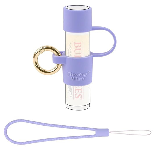 Desing Wish Silicone Lip Balm Holder with Cap Cover Portable Chapstick Holder Keychain Sleeve Lip Balm Key Chain with Key Ring and Wrist Strap Lanyard - Purple-BrightBean Baby