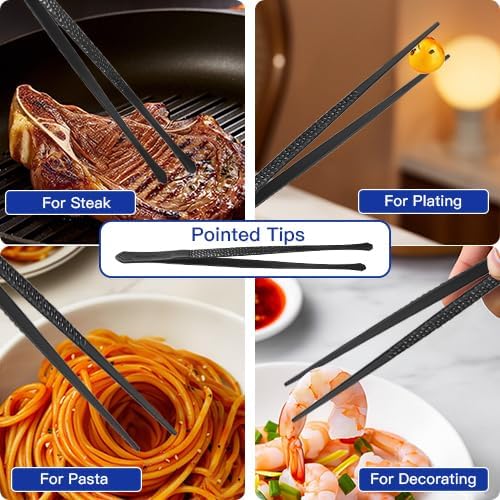 CREATIVECHEF 10" Chef Tweezer Tongs, Professional Kitchen Tweezers, 10 inch Straight Precision Tweezer Tongs for Cooking, BBQ, Plating, Stainless Steel, Black (1)