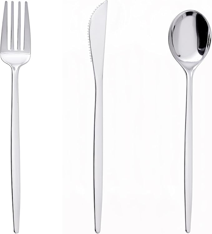 PULOTE 150PCS Silver Plastic Silverware Disposable - Heavy Duty Silver Plastic Cutlery Set - Plastic Utensils Set Include 50 Knives,50 Forks and 50 Spoons for Wedding,Party&Christmas