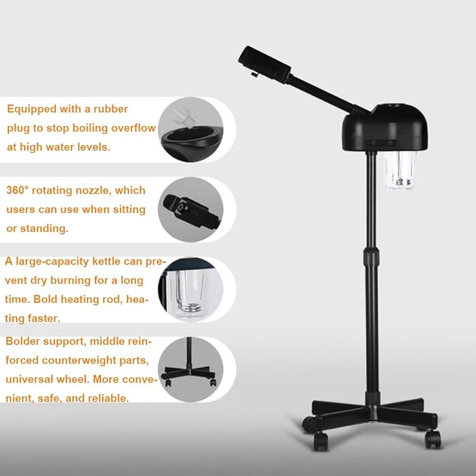 Stand Professional Ozone Facial Steamer with Touch Control, Hot Mist Function, Adjustable Height & Rolling Base, 360° Rotatable Nozzle, Use for Home, Salon SPA (Black)-BrightBean Baby