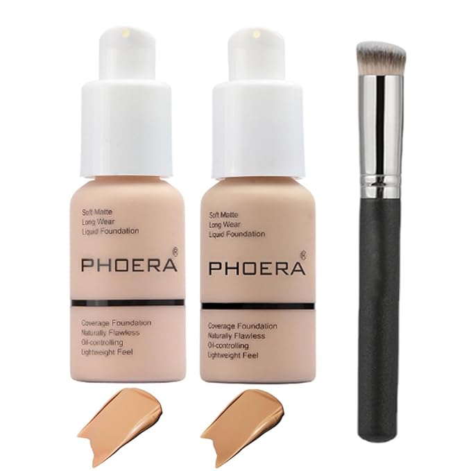 2 Pcs Liquid Foundation Full Coverage 24HR 30ml Matte Oil Control Foundation Makeup Concealer (Buff Beige & Sand) with Kabuki Foundation Brush Flat Top-BrightBean Baby