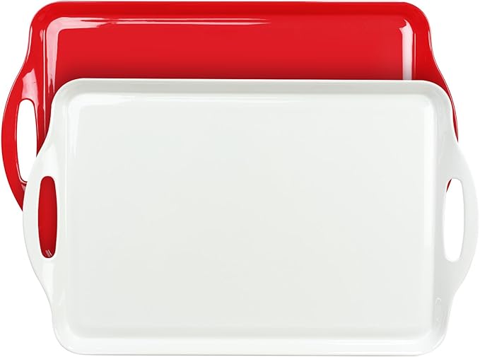 Extra Large Red/White Christmas Serving Tray with Handles, 19''x11.6'' Melamine Platters, Rectangular Trays for Serving Food, Turkey, Cookie, Cupcakes, Desserts, Dishwasher Safe, BPA-Free, Set of 2