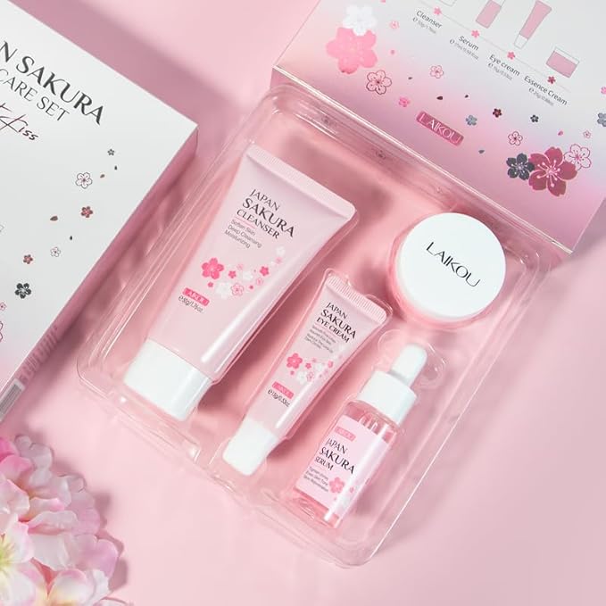 Skin Care Set JAPAN SAKURA Beauty Gift Sets Skin Care Kit with Cleanser, Serum, Eye Cream, Face Cream Travel Kit for Women Mom Wife Teen Girls Gentle Skin Cleaning TSA-friendly Sizes 4pcs-BrightBean Baby