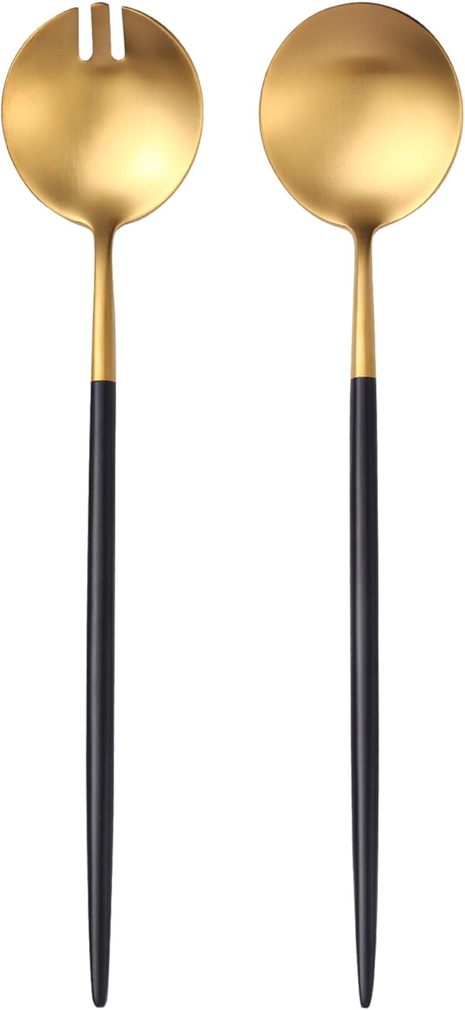 Lemeya Black Gold Salad Serving Utensils, Stainless Steel Spoons, 2Pcs Long Handle Servers 11.42 Inch, Matte Finish, Dishwasher Safe